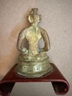 Antique Burmese Bronze Seated Buddhist Figure With Inscription On Wooden Stand  