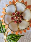 Large Vintage Flower Brooch Pin Poured Glass Enamel Rhinestones 1950 s Gorgeous 