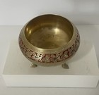 Vintage Indian Brass Tripod Bowl Red Enamel Floral Inlay Mid Century Boho Decor