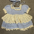 Vintage Handmade Crochet Doll Dress And Bonnet Blue   White Lace Ruffle Artisan