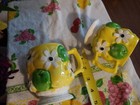 2 Inarco Yellow Vintage Cup Daisy Mug Foot Floral Green Apple Mood Lot Freeship 