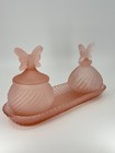 4pc Pink Frosted Glass Vanity Set   Tray Perfume Bottle   Lidden Jar 1970s Vtg