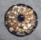 Large Antique Carved Bakelite Button Layer Metal Leaf Flower Blue Center Tested