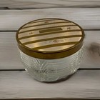 Vintage Clear Glass Powder Jar trinket Dish Gold Stripe W flowers On Lid