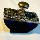 Antique Art Nouveau Rocker Inkwell Cobalt Blue Glass Pewter Dragonfly Secure Cap