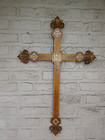 Antique French Wood Carved Xl 31 4  Fleur De Lys Paint Crucifix Cross Religious