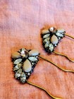 Pair Of Antique Brass Gold Clear Peach Moonstone Victorian Rhinestone Hair Pins