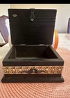 Vintage Black Wood Trinket Box W  Brass Sailboat Plaque  Lid   Latch