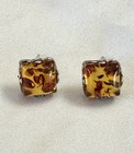 Vintage 925 Sterling Silver Genuine Amber Cube Stud Earrings Baltic Amber