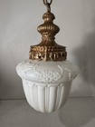 Vtg   Beautiful Hanging Art Deco Ceiling Light Acorn Shaped Shade Gold Finish