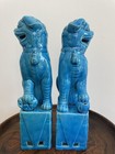 Vintage Pair Chinese Foo Dogs Turquoise Glazed Porcelain Guardian Lions Statues