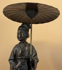Japanese Meiji Bronze Silver Inlay Okimono Woman W umbrella   Fan  Signed