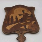 Antique Vintage Hand Held Handmade Wooden Mirror With Beveled Glass Wooden Inlay