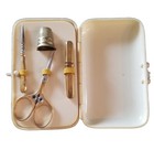 Travel Sewing Kit In Yellow Celluloid Case Gold Toned Tone Scissors Thimble 
