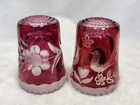 Vtg Pair Cranberry Color Glass Thimble Sewing Etched Bird Flower Western Germany