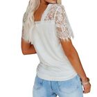 Summer Womens Lace Short Sleeve V Neck Blouse Casual Solid T Shirt Loose Top Tee