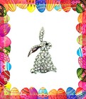 White Easter Bunny Rabbit Silver Rhinestone Brooch Pin cute Spring Gift For Her