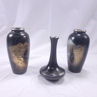 Vintage Japan Chokin Black Enamel Gold Tone Etched Vases Scenery Set Of 3 Metal