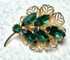 Vintage Gold Tone Filigree Flower With Green Glass Rhinestone Leaf s Brooch pin