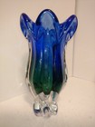 Vintage Royal Gallery Art Glass Vase Blue Green Tulip Design Made In Poland