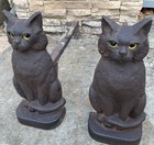 Antique Cast Iron Sitting Black Cat Andirons Pair Marble Fireplace Eyes Glow