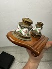 Antique French Brass   Glass Victorian Dual Inkwell With Wooden Base Decorative