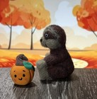 Mini Needle Felted Sloth With Hand Sculpted Foam Clay Pumpkin