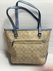 Coach Signature Zip Top Tote  model F58294  In Light Khaki And Pool Blue Nwot