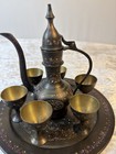 Vintage Brass Dallah Coffee Set Middle Eastern Pot 6 Goblets Tray Hand Painted