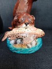 Signed Hand Painted Porcelain Figurine Swimming Otter With Fish