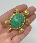 Vintage Avon Sea Turtle Perfume Solid Compact Green Cabochon Figural Rhinestone