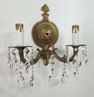 Vintage Two Light Antiqued Solid Brass Wall Sconce With Crystals  made In Spain 