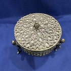 Vtg 24 Karat Gold Plated Circle  Glass Filigree Ormolu Brass Jewelry Casket Box