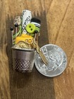 Vintage Handmade Sewing Kit Tin Thimble Cup Scissor  Pin  Fabric Samples Brooch