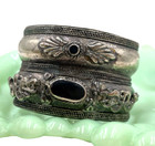 Antique Old Vintage Cuff Bangle Bracelet Silver-tone Thick Lrg Black Onyx Stones