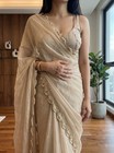 Women   s Beige Georgette Saree Embroidered Daily Wear With Unstiched Blouse