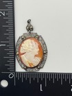 Vintage Art Deco Sterling Silver Filigree Marcasite Carved Shell Cameo Pendant