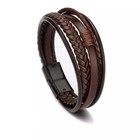 Men Jewelry Black Braided Leather Bracelet Multi-layer Stainless Steel Clasp