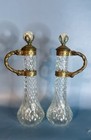 Pair Of Vintage Decanters 10 5    Gold Plate Cut Glass With Marbled Ball Top