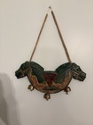 Vintage Indian Carved Wood Two Headed Horse Door Hanger Brass Chime Bells Art