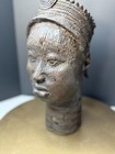 Benin Style Bronze Female Royal Head Bust W  Crown - 20  African Tribal Art