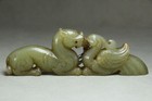 Chinese Antique Old Hetian Jade Hand-carved Dragon Phoenix Statue