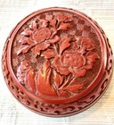 Vintage Chinese Red Cinnabar Cloisonne Trinket Box Lidded Jar Blue Enamel Inside