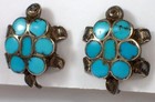 Early Vtg Zuni Sterling Turquoise Inlay Dishta Style Turtle Screw Earrings