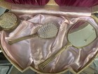 Vintage 1940s Gold Tone Vanity Set Floral Hand Mirror   Brush In Original Case