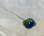 Antique Victorian Art Glass Blue Green Peacock Eye Hat Pin Long Stick Brass Foil