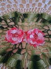 Vintage Handmade Crochet Floral Doily Oval  - Pink  Green   White 9 X8 Inch