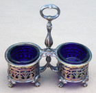 Christofle France Salt   Pepper Cellar Cobalt Blue Glass   Sterling Deer Spoons