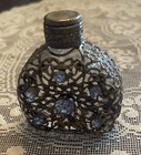 Vintage Czech Gild Gold Filigree Glass Perfume Bottle Jeweled Blue Rhinestones