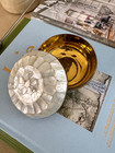 Vintage Sudha Mother Of Pearl Brass Trinket Box Round Mosaic Shell Jewelry Box